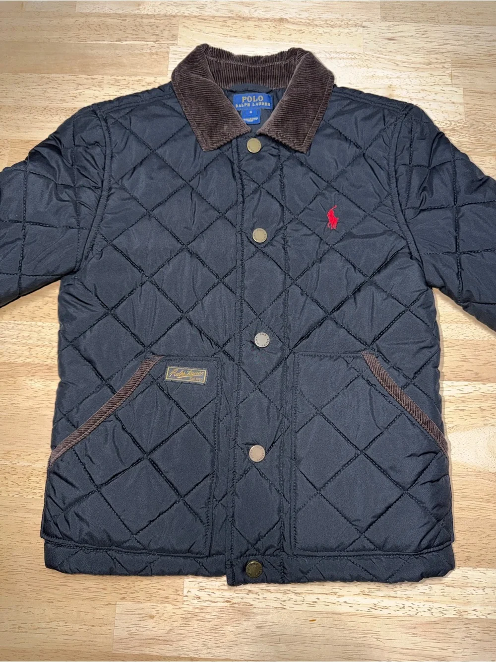 Polo Ralph Lauren Kids Black Quilted Barn Jacket Brown Corduroy Collar Size 6